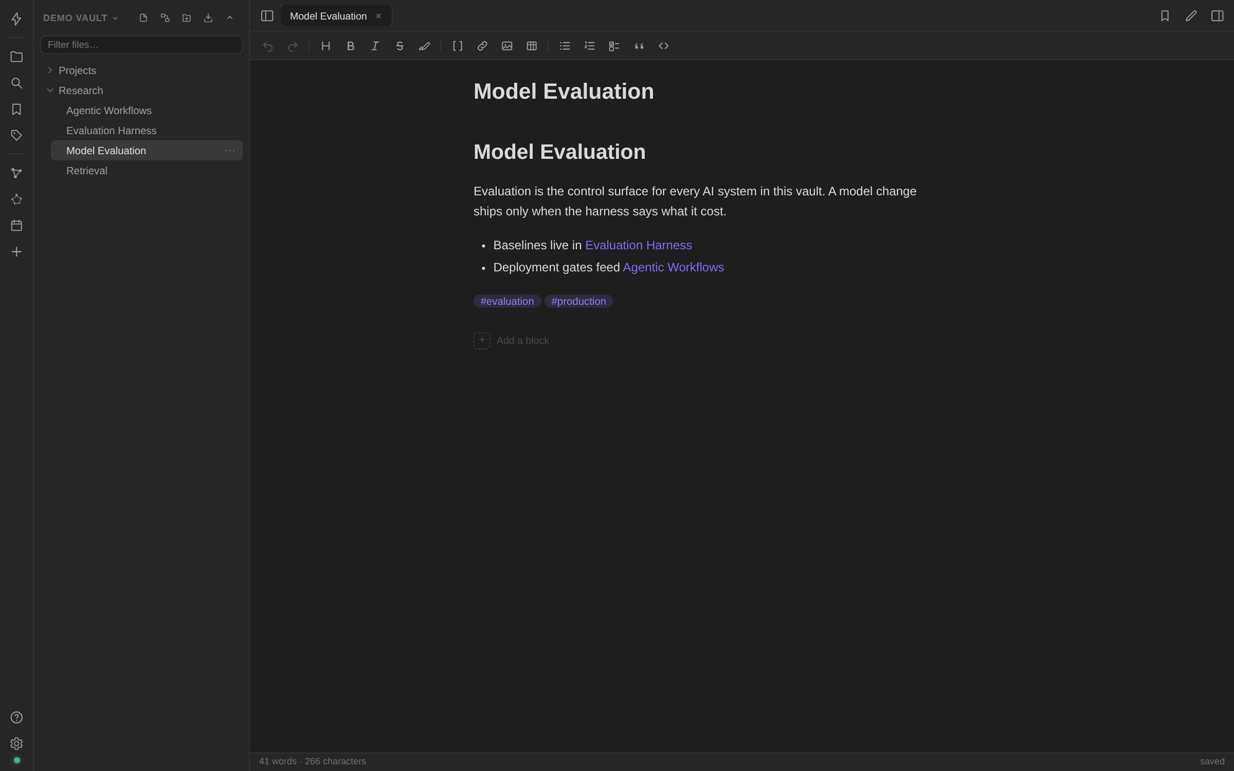 The Ethos editor: a note in live preview with wikilinks, tags, and the vault's folder tree. Every device in the house, including the phone and desktop apps, edits this same folder of files.